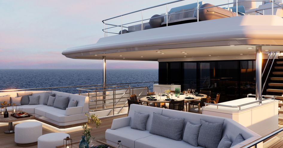 Explorer yacht SEVEN SEAS boasts ample seating on the upper deck, and tender storage on the top deck