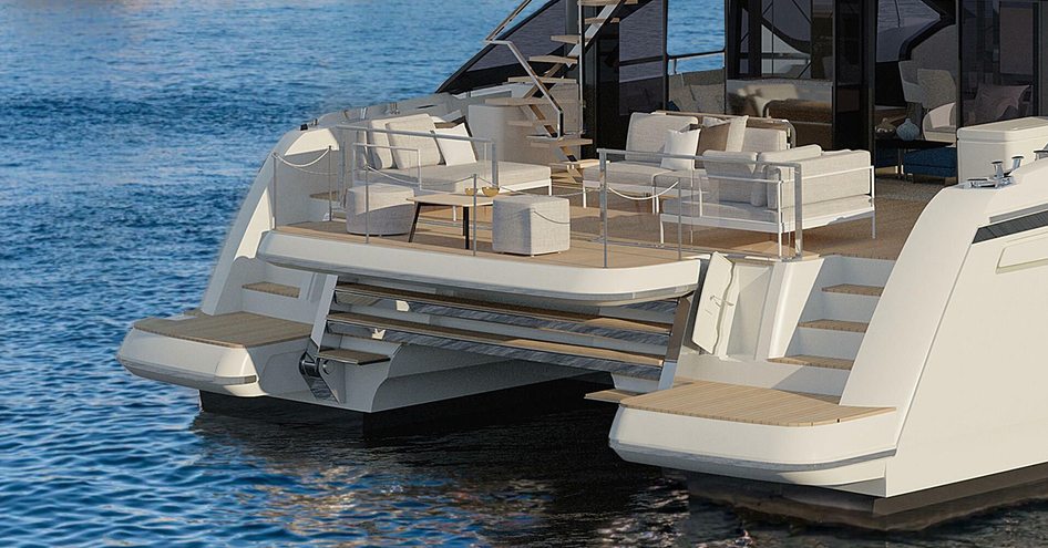 Overview of aft deck onboard Prestige M8, overhanging waterside terrace adjacent to exterior lounge area.