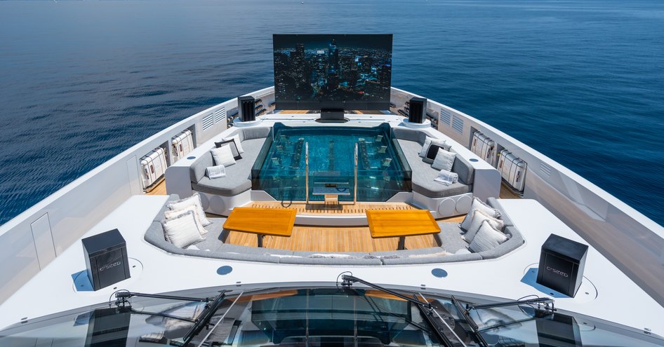 The outdoor cinema located on the bow features a huge fold up/down TV