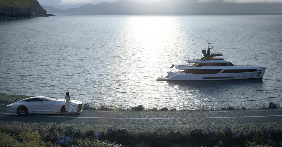 Rendering of Benetti Motopanfilo on calm sea with lady stood at sports car looking at it