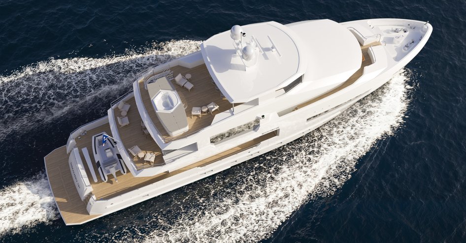 An aerial shot of the Cheoy Lee 127 Discovery showing its flybridge and expansive deck spaces