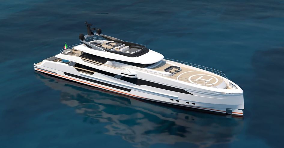 Wider 170 superyacht rendering, vessel surrounded by sea.