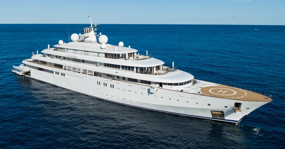 Lurssen superyacht GOLDEN ODYSSEY at anchor in a calm blue sea