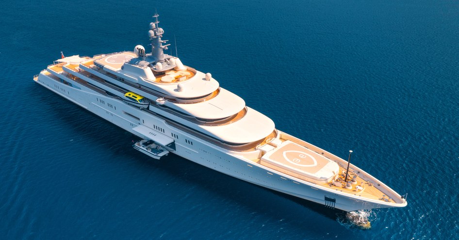 Luxury superyacht on sea viewed from above