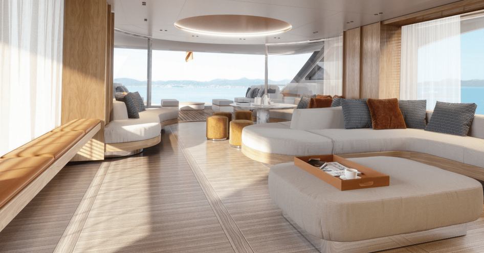 CGI showing large open plan salon of Benetti Oasis 34M