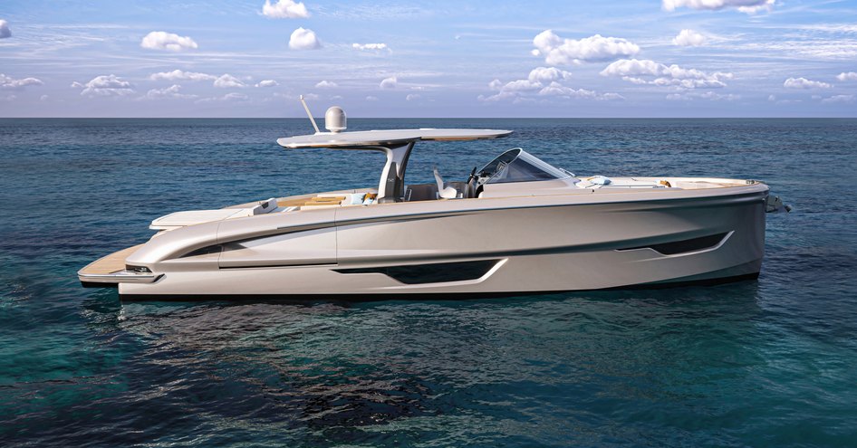 Side view rendering of Solaris Power 52 Open, surrounded by sea.