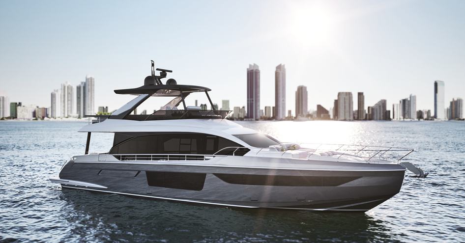 Azimut 68 on water with cityscape in background