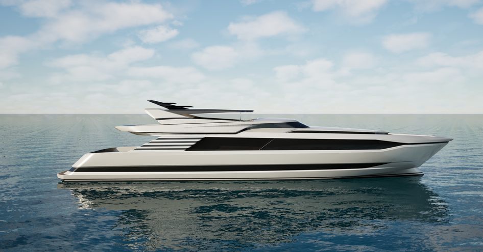 Cantieri di Pisa Akhir 44 yacht render image of starboard side profile mid aerial view from water, cloudy but bright day, still water