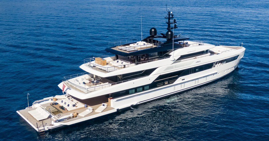 A starboard-side view of the superyacht ALMAX