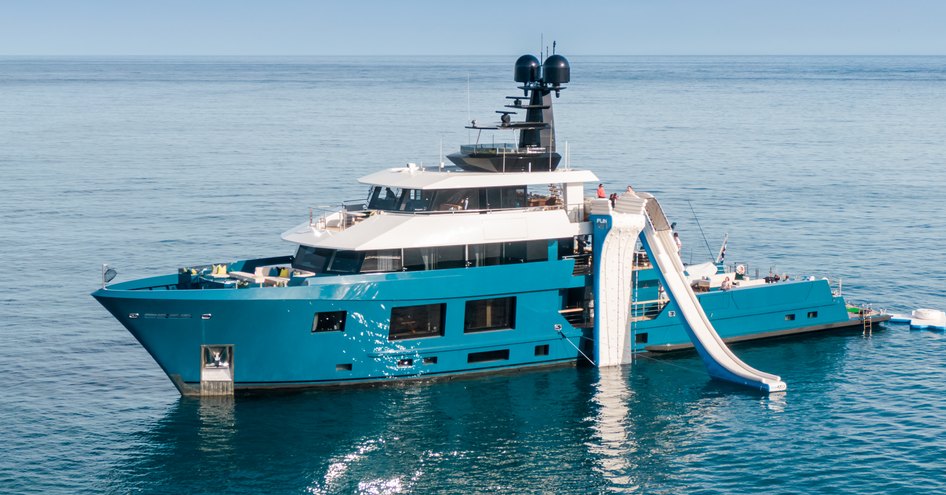 KING BENJI at anchor with its watertoys out for guests to enjoy