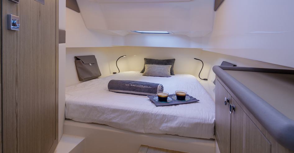 The cabin aboard the Alpha 40 is light and airy