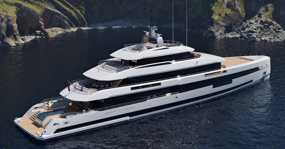 A render of Heesen superyacht Project SETTEESETTANTA anchored at sea in front of a rocky landscape