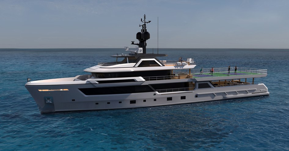 A render of the second Flexplorer 165, pictured floating in a bright blue sea, features a full-size pickleball court at the stern