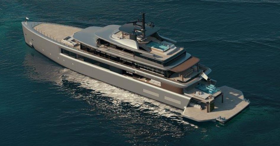 A render of the Benetti B.Loft superyacht concept floating in a blue sea near to landfall